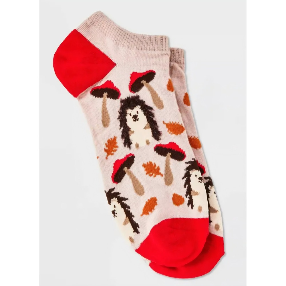 Hello Socks Womens Hedgehog Mushroom Autumn Low Cut Ankle Socks Tan Red OS 4-10